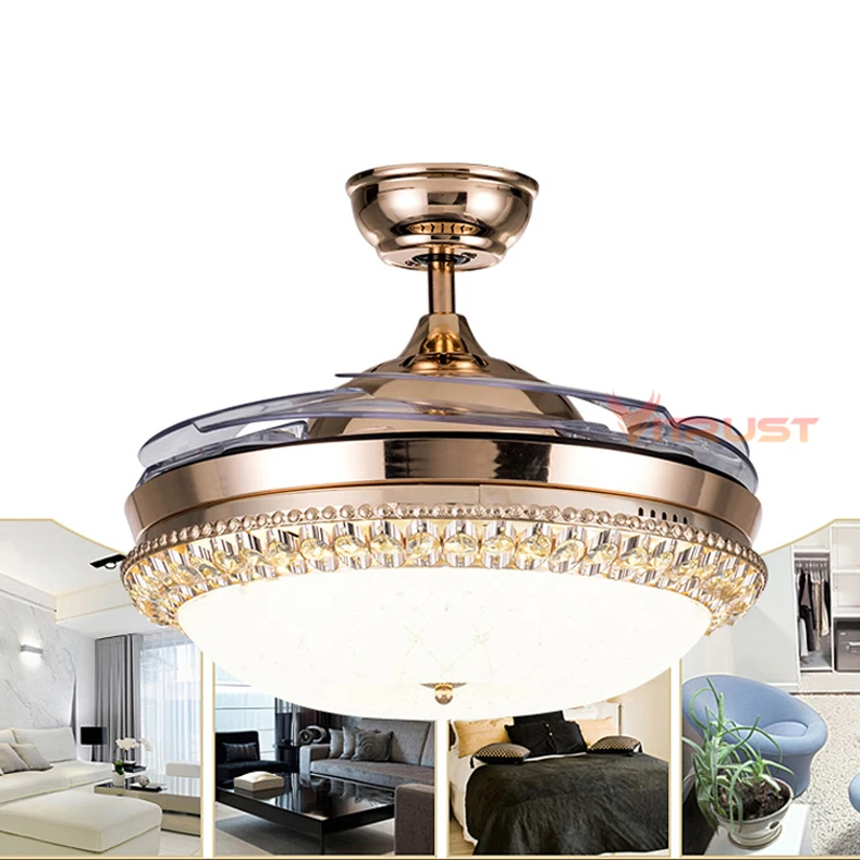 

36/42 Inch Invisible Crystal Ceiling Fan With Lights Bedroom Living Room Crystal Ceiling Fans Lamp with Remote Control