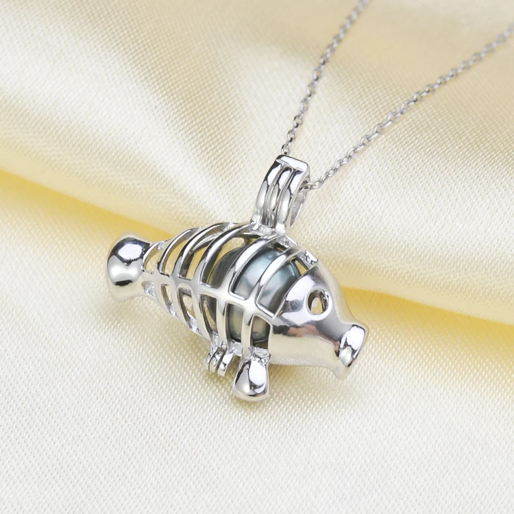 S925 Sterling Silver Fish Pendant Holder Women DIY Pearl Pendant Components 3Pcs/Lot