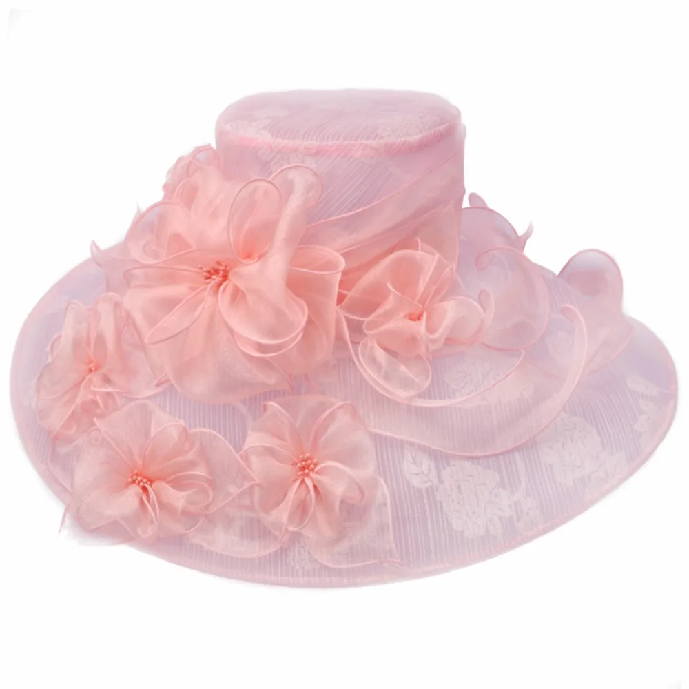 Outstanding Women\'s Wide Brim Summer Organza Hat with Handmade Floral Details for Church, Wedding or Kentucky Derby S10-3802