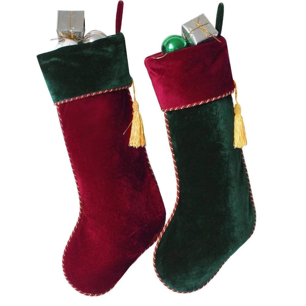 New arrvial Set of 2 pcs Red & Green Velvet Stocking with tassel decoration Socks Christmas stocking P4634