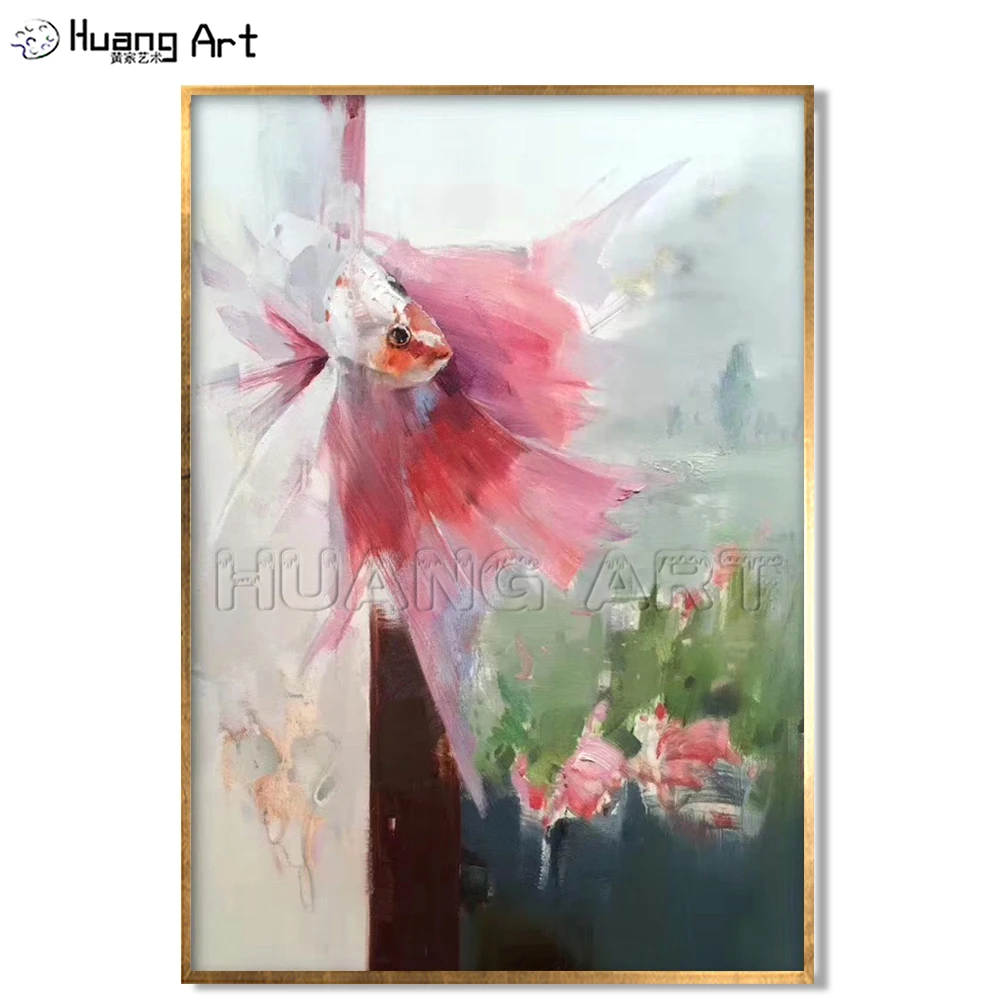 

Hand-Painted Beautiful Goldfish Oil Painting on Canvas for Home Decor Impression Colorful Seascape Painting Pink Fish Animal