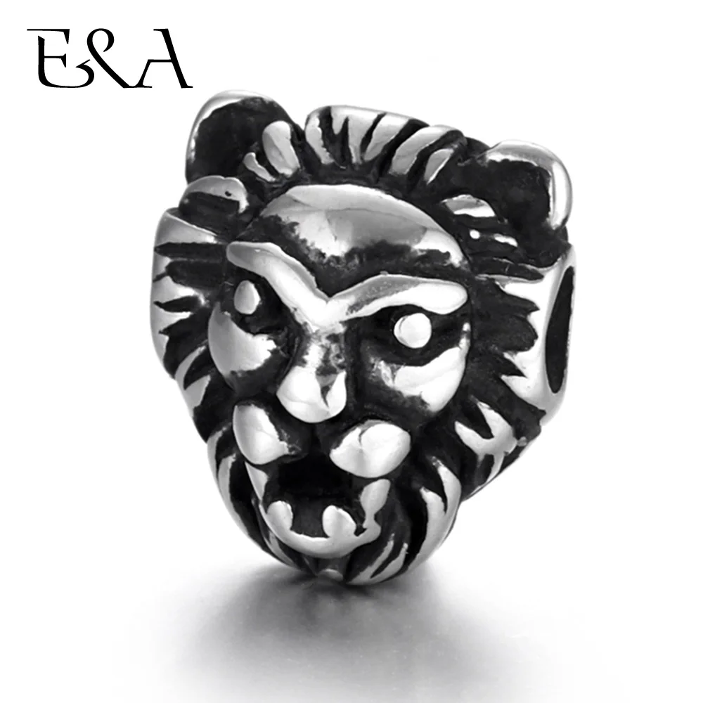 Stainless Steel Lion Head Beads 2mm Hole Blacken Animal Charms for Beaded Bracelet Supplies Handmade DIY Jewelry Making