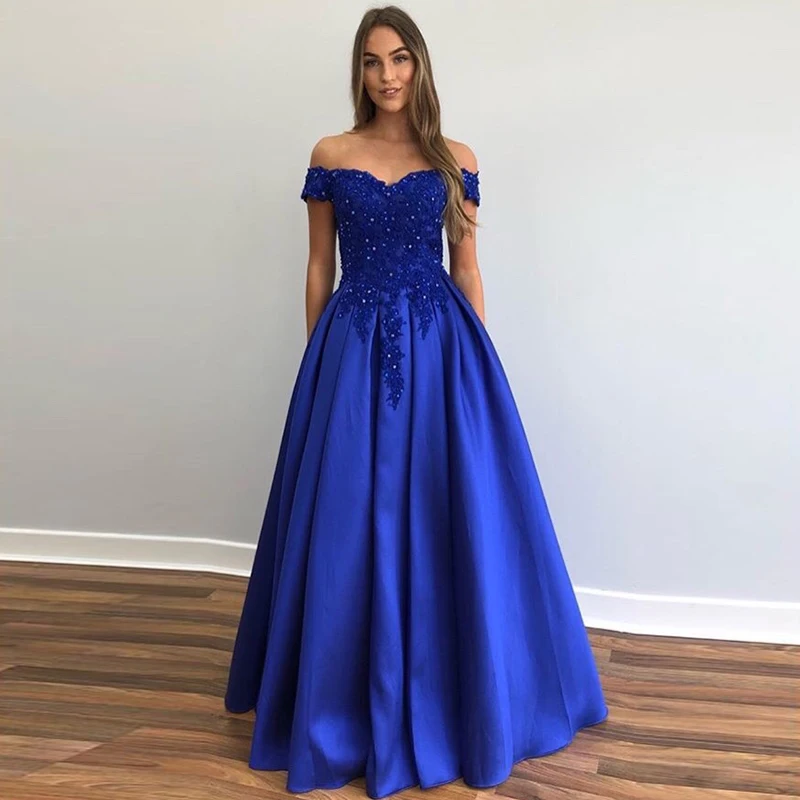 Off Schulter Royal Blau Prom Kleid A-line Appliques Perlen Drapierte Rock Vestido De Fiesta De Graduacion Satin Abendkleid 2019 neue