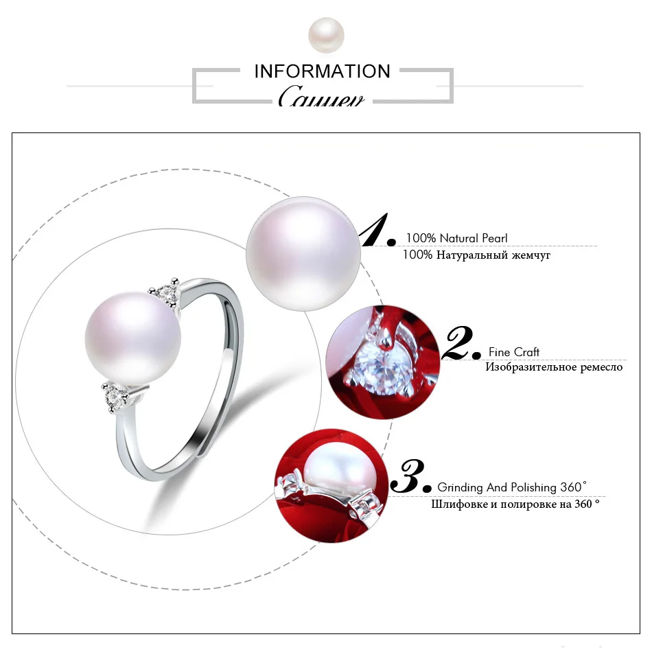 Cauuev Real Natural Freshwater Pearl Wedding Ring Fashion 925 Sterling Silver Women Engagement Zircon Ring Elegant Jewelry Gifts