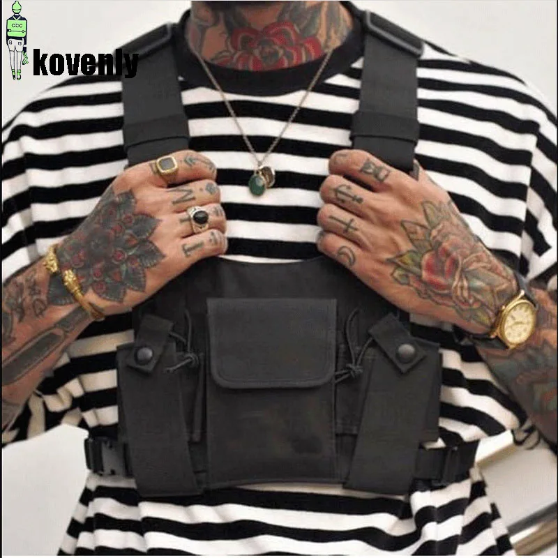 Black Tactical Bag Men Nylon Chest Rig Bag Hip Hop Streetwear Functional Boy Chest Rig Kanye West Wist Pack Tactical Waist Pack