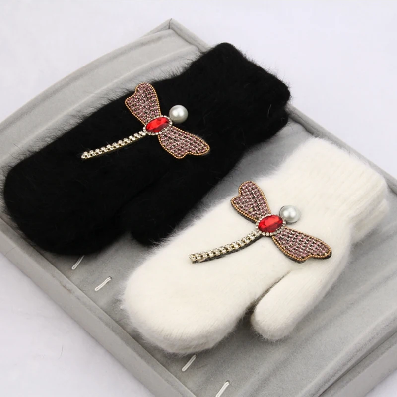 2018 women Gloves winter Crystal dragonfly Rabbit fur brand gloves for female double warm full finger Mittens Christmas gifts