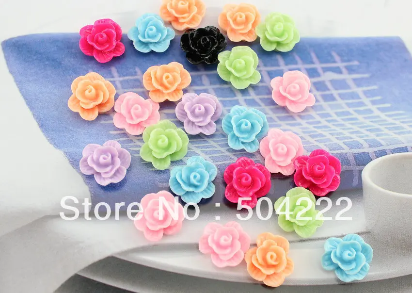 200pcs 3d colorful Flatback  multicolor Resin rose flower Cabochons 14mm DIY, scrapbook, hair bow, flower centers, cell phone