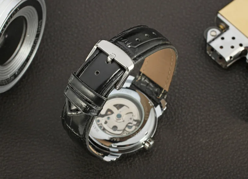 T-WINNER Brand New Watches Men Hollow Self-wind Mechanical Wristwatches Movement Classic Black Leather Strap Watch