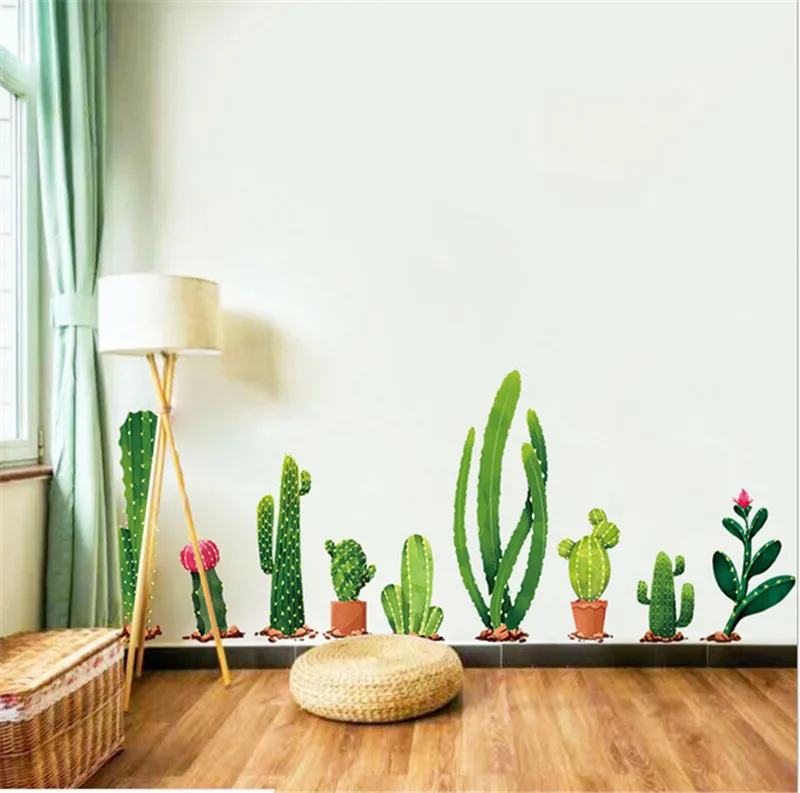 Cactus Plant TV Background Wall Stickers Home Decor Living Room 3D Wall Decal Autocollant Mural