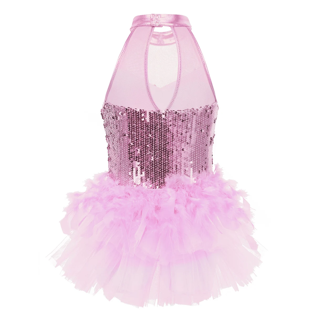 Girls Sequins Feather Jazz Latin Ballet Dance Costume Leotard Jumpsuit Sleeveless Mock Neck Dance Leotards Jazz Costume