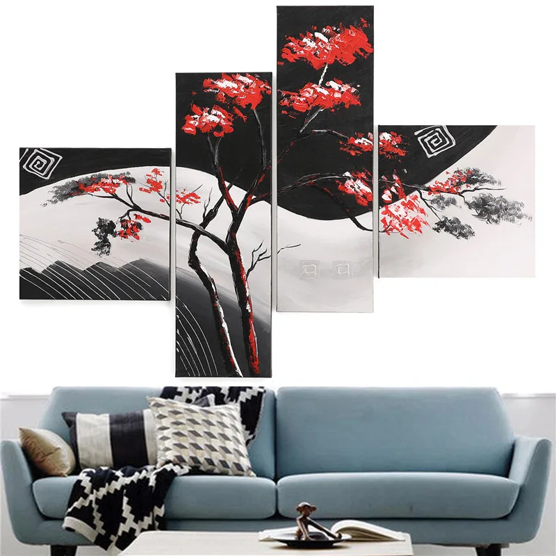 

Unframed 4Panel Red Leaves Tree Black White Pop Art 100% Handmade Abstract Oil Painting on Canvas Wall Picture Poster Home Decor