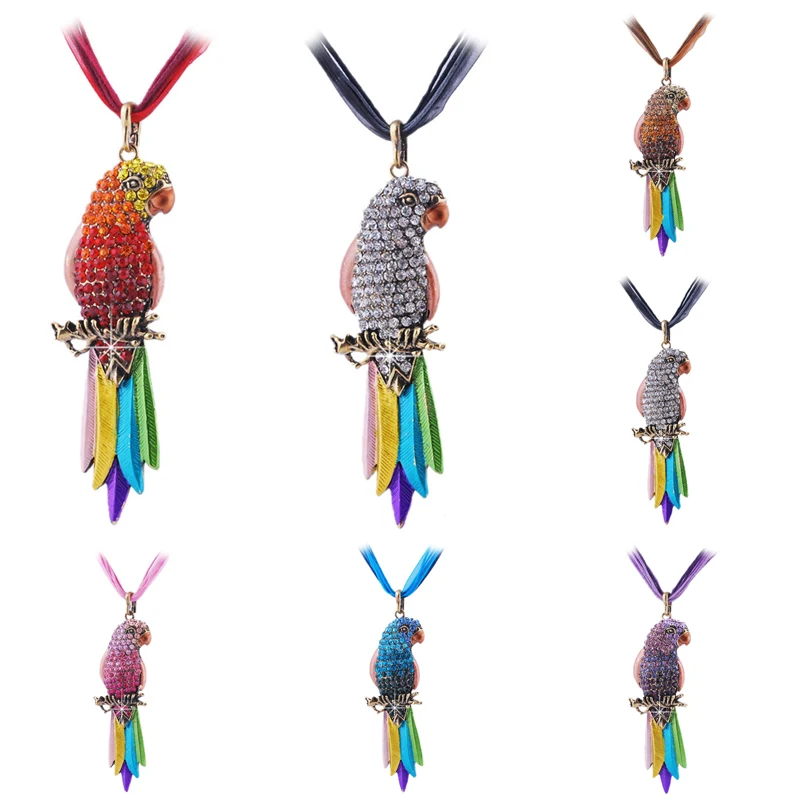Elegant Women Crystal Parrot Pendant Alloy Necklace Long Chain Jewelry