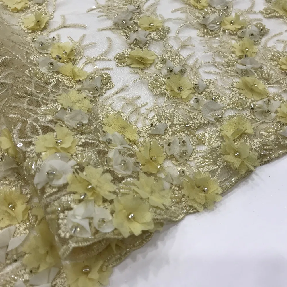 3D Flower Lace Fabric Yellow Embroidered Handmade Appliques Beaded Sequins Luxury  Style For Party Dress