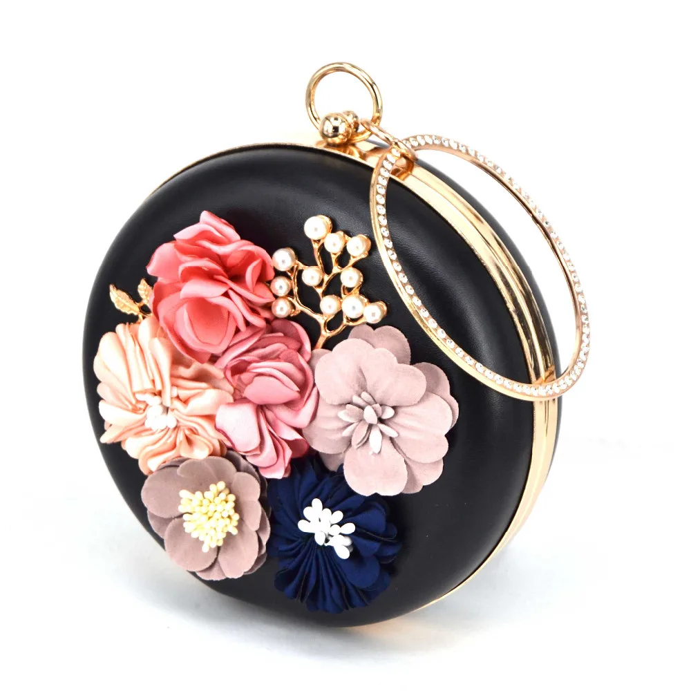 Circular pu Flower Women Clutch Evening Bag Lovely Black Wristlets Floral party Bag Wedding Bag pochette Female Handbag x55