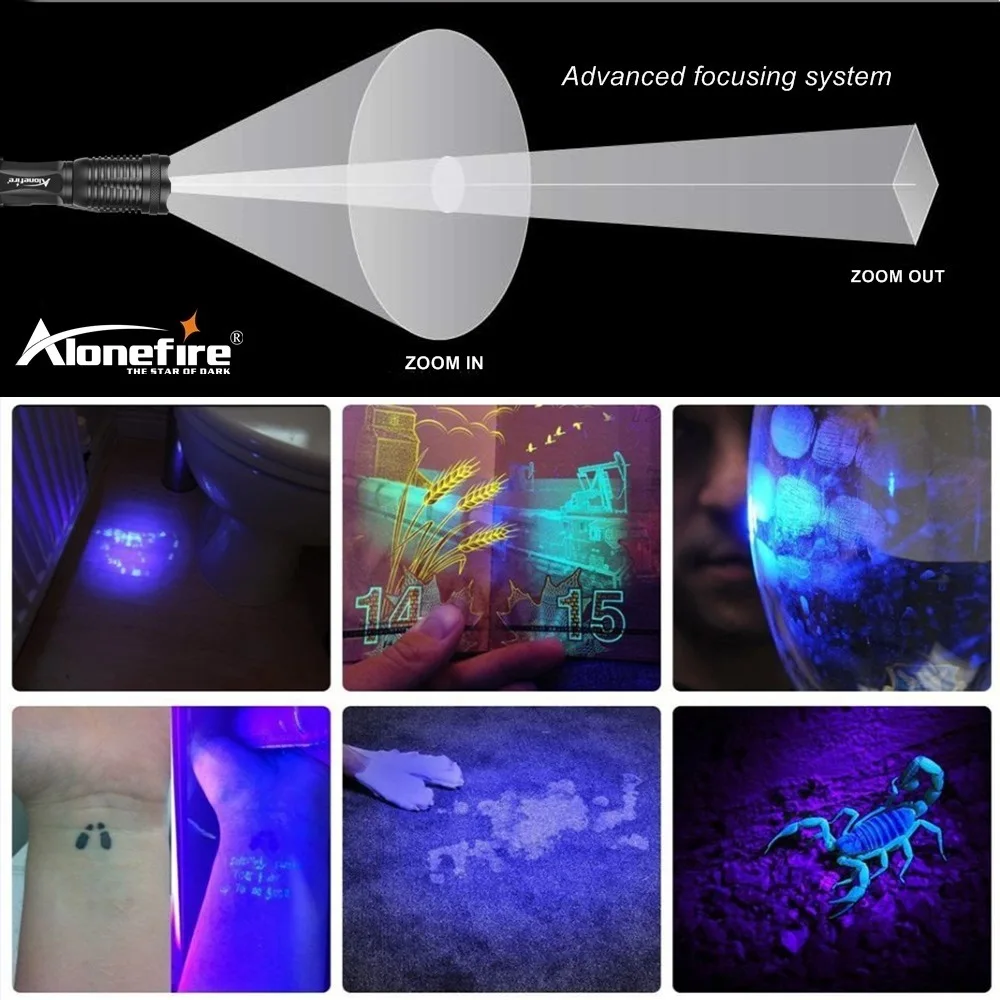 Alonefire E007-WU 2 in 1 UV Flashlight Ultraviolet Urine Detector for Carpet Pet Urine Catch Scorpions Strong Light with T6 zoom