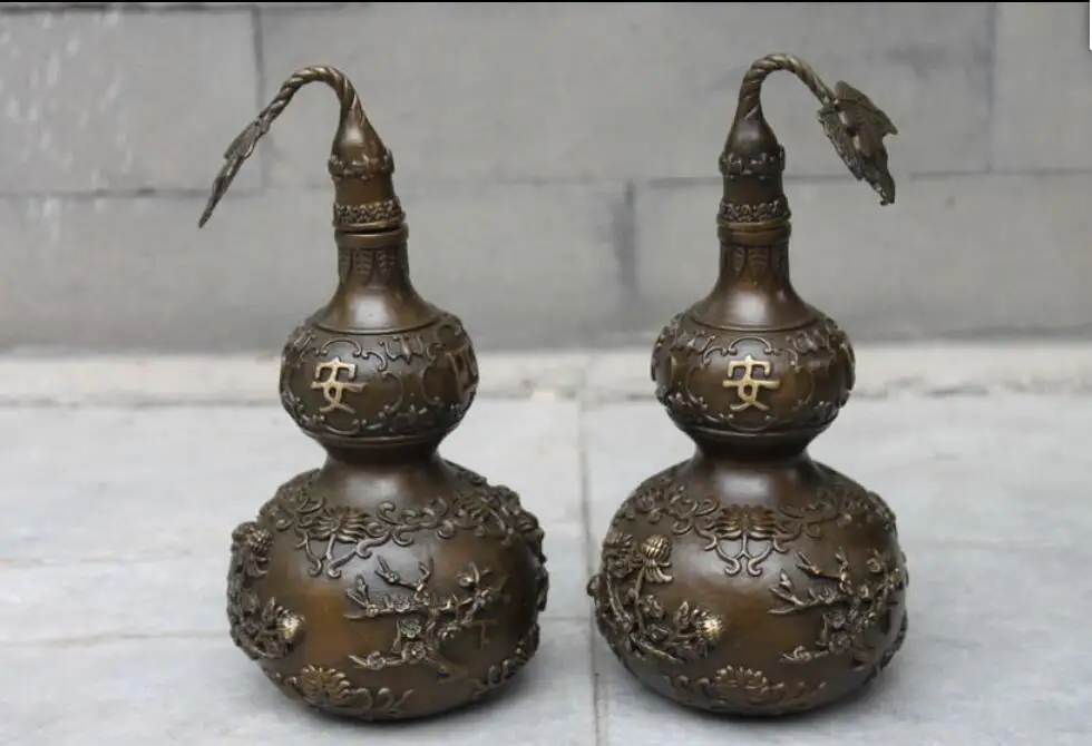 China Feng Shui flower Four Seasons peace Vase Pot Cucurbit Bronze Gourd Pair