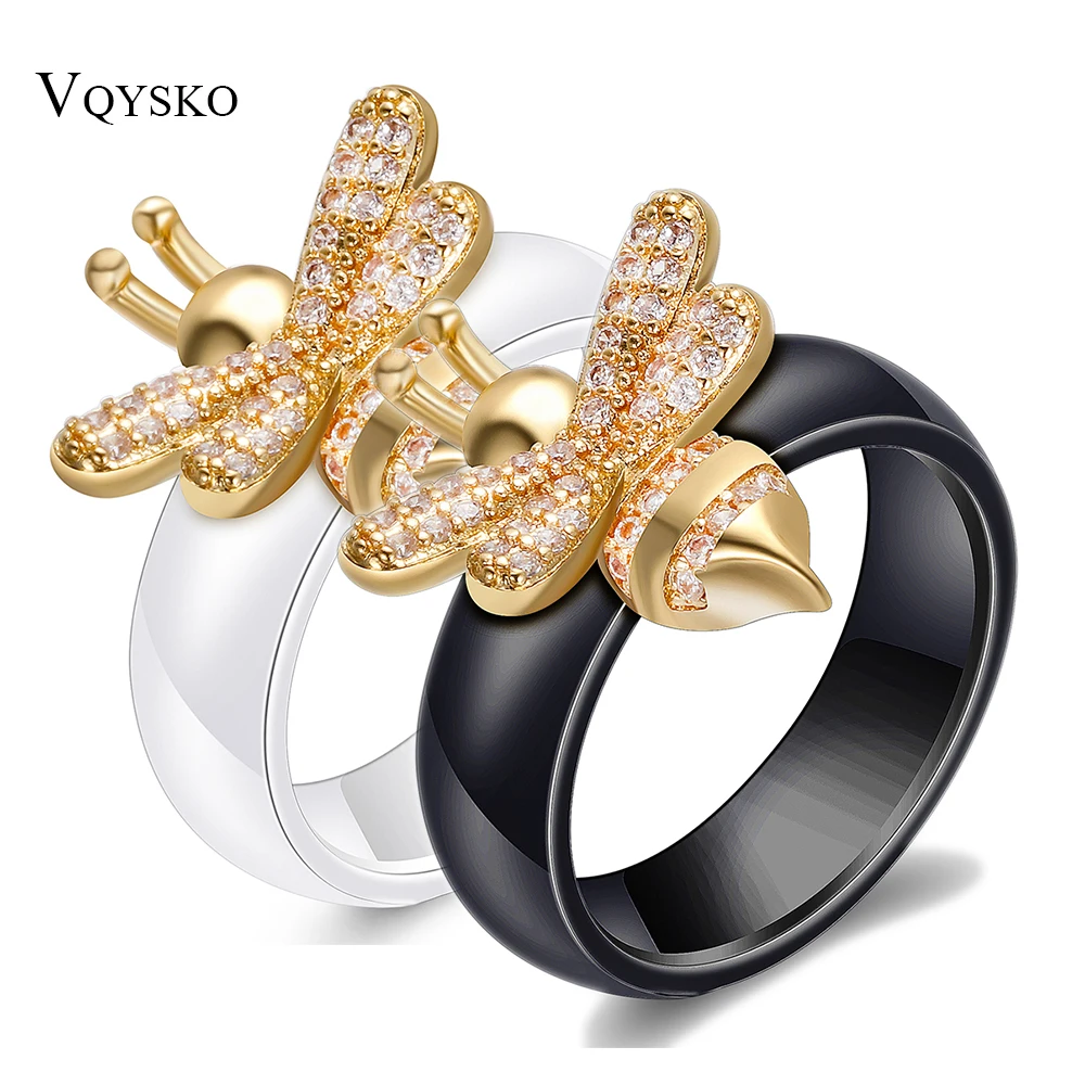 New Fashion Engagement Ring Crystal Bee Rings For Women Black and White Ceramic Wedding Design Gold Color Jewelry Gift Accessori