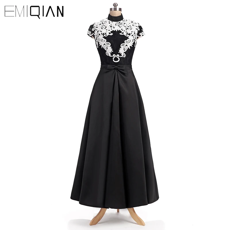 

A Line High Neck Black Twill Satin Evening Gowns with White Soluble Lace Cap Sleeve Women's Long Formal Evening Dress