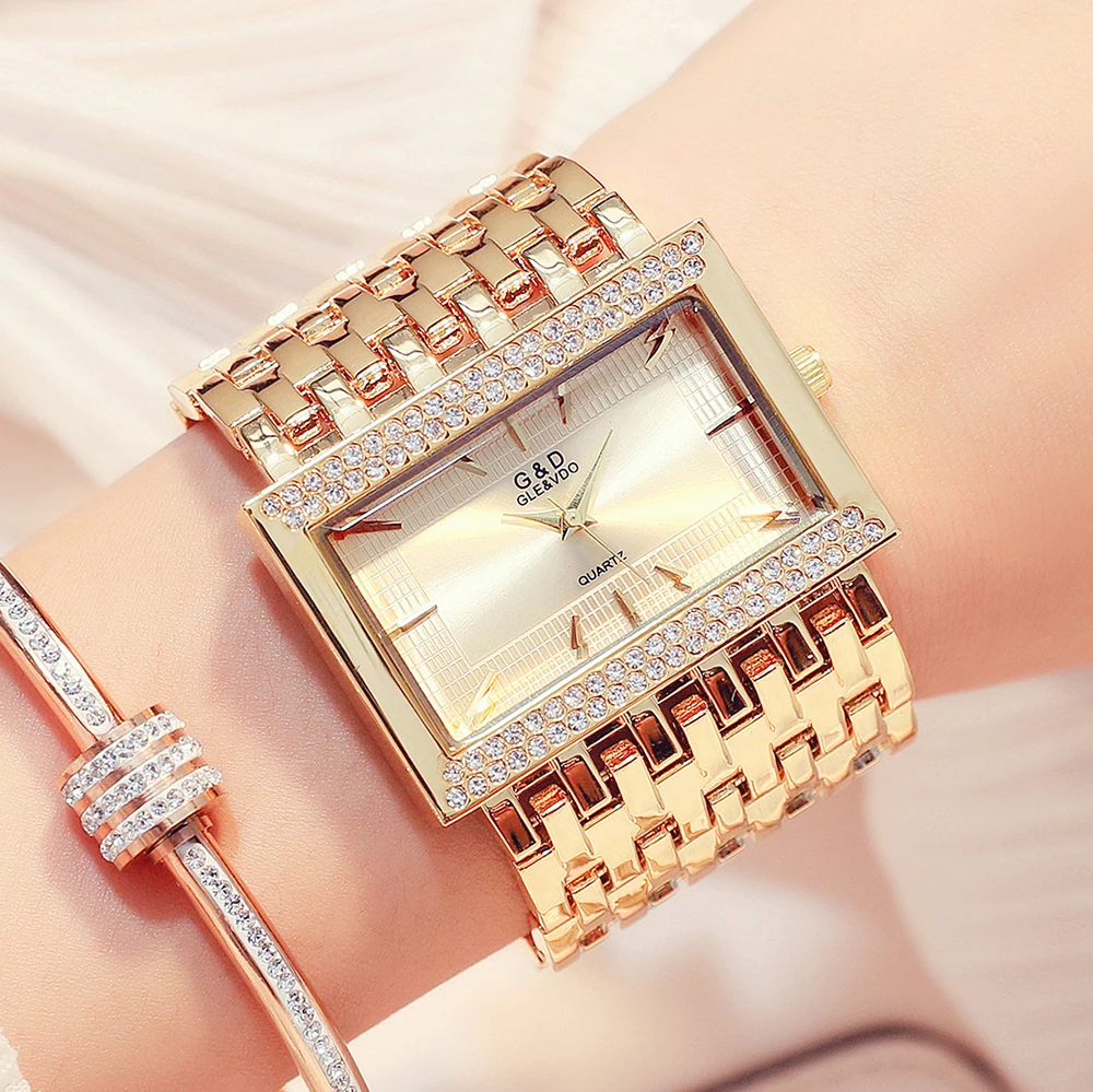 G&D Brand Women Watches Fashion Rectangle Case Quartz Clock Luxury Crystal Golden Bracelet Wristwatch Ladies Watch