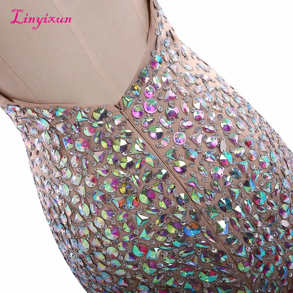 Linyixun foto real novo sexy vestidos de baile luxo frisado cristal longo com decote em v sem costas festa formal vestidos de noite