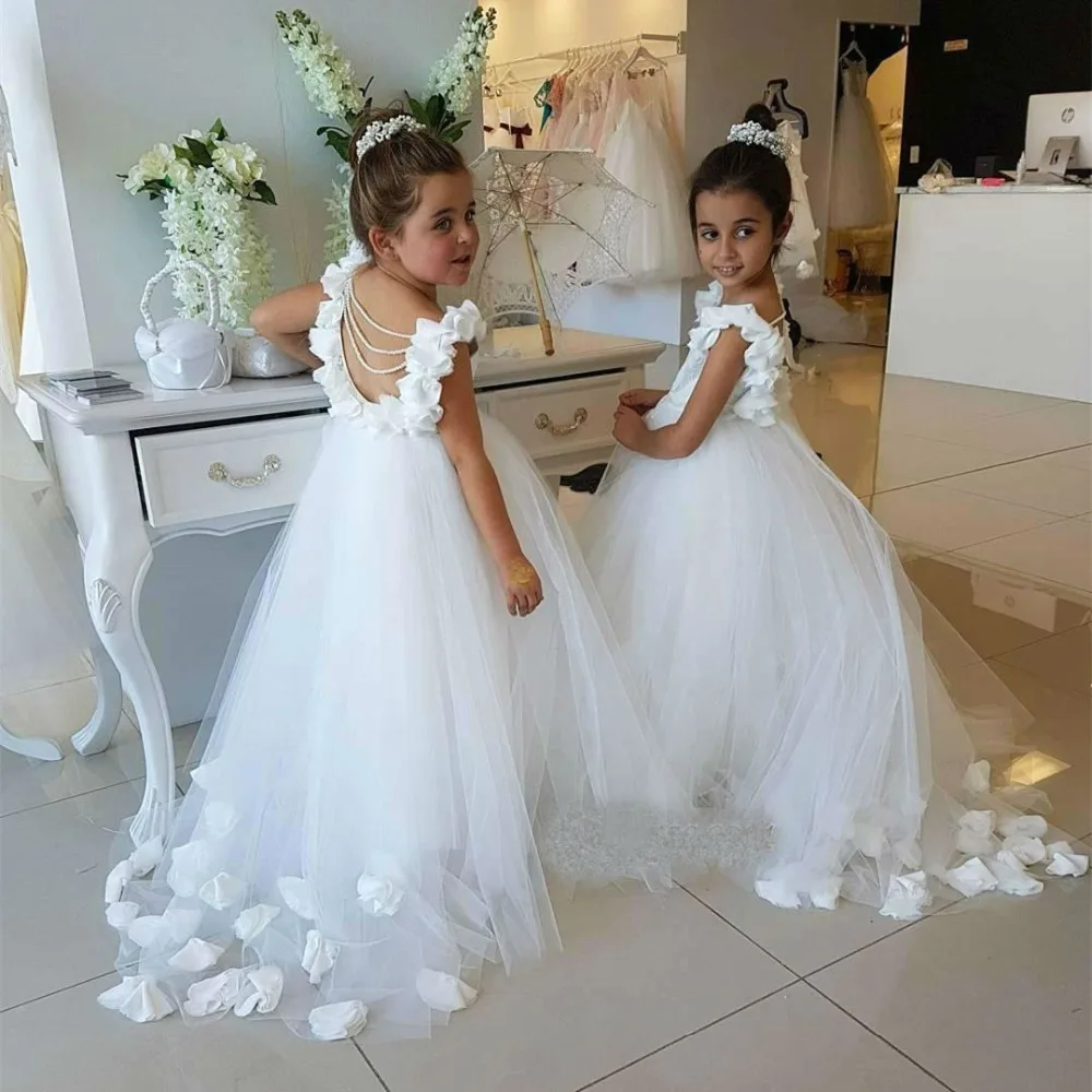 

Pretty White Flower Girl Dresses 2019 3D Floral Appliques Pageant Gowns Custom Made Beaded Girls Communion Dress