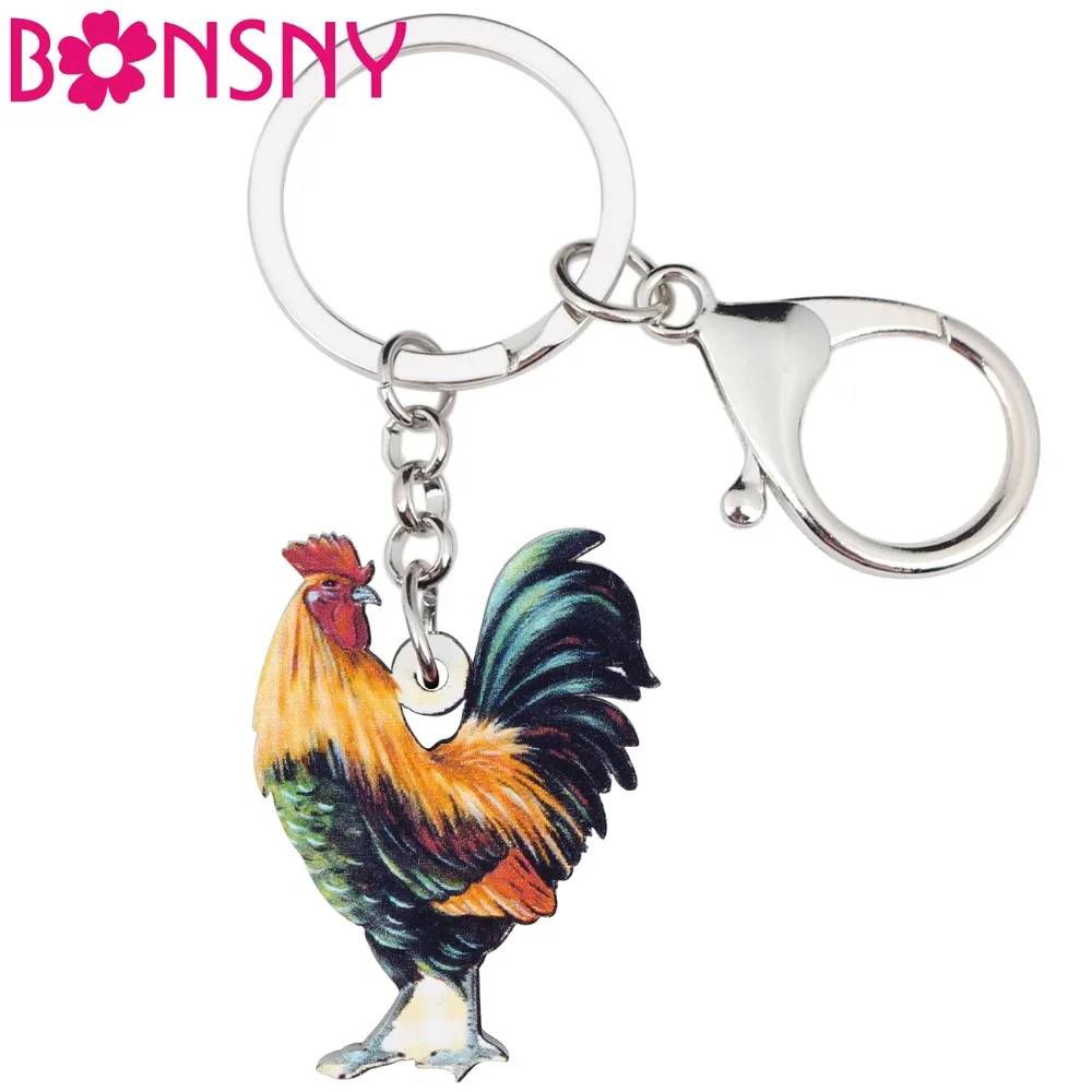 Bonsny Acrylic Anime  Rooster Cock  Key Chains Keyrings For Women Girl Bag Purse Car Handbag Wallet Charms GIFT Chanticleer