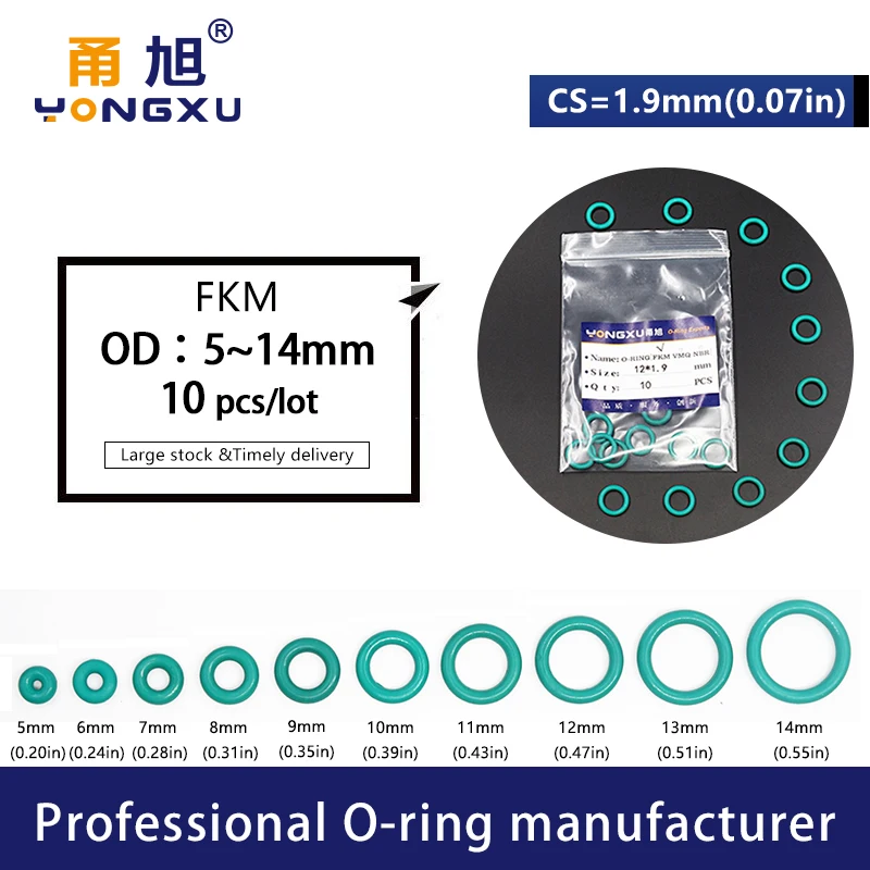 15PCS/lot Green FKM Fluorine Rubber O-rings Seals CS1.9mm OD5/6/7/8/9/10/11/12/13/14*1.9mm ORings Seal Gasket Rings Fuel Washer