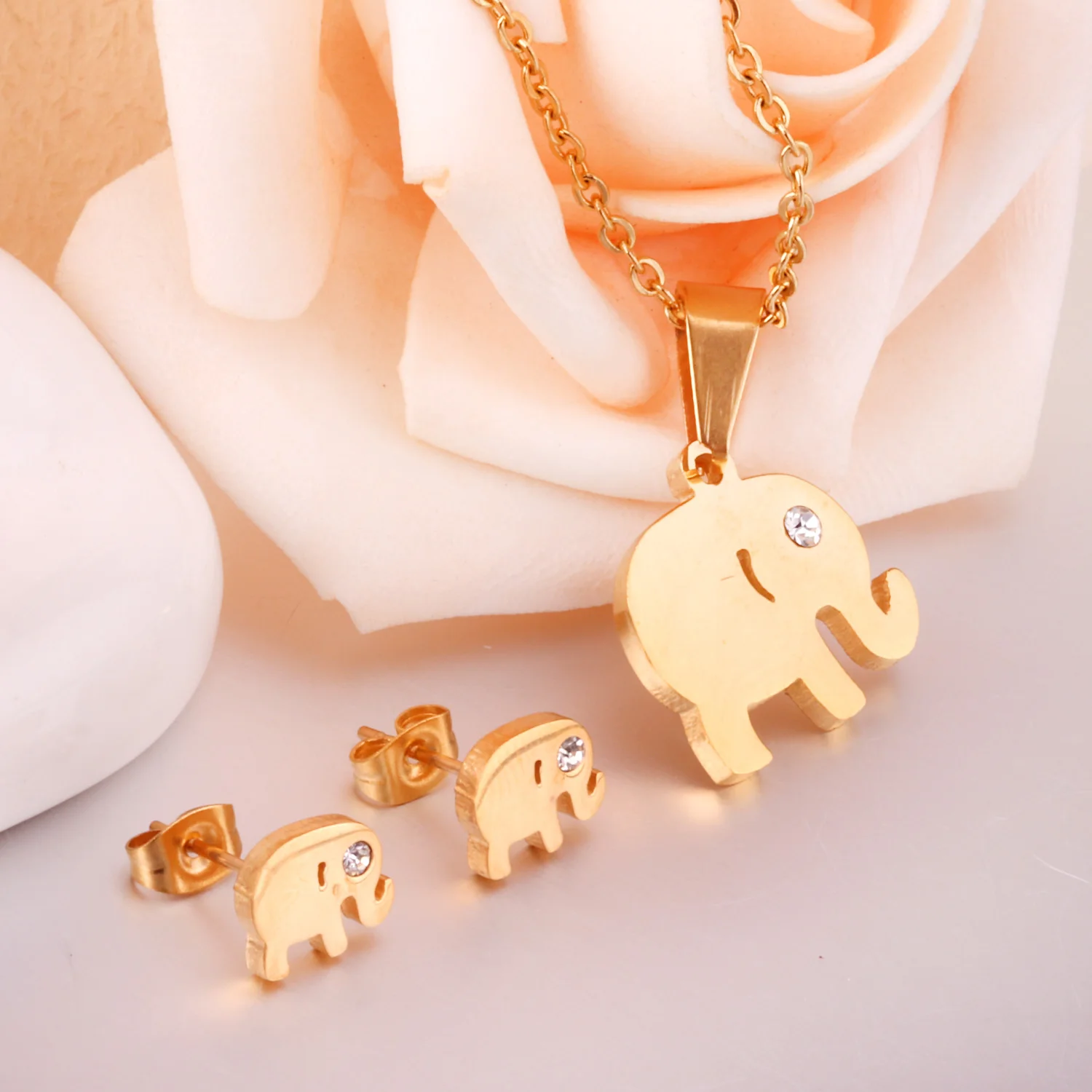 LUXUKISSKIDS Dubai African Party Jewelry Sets Golden Tiny Elephant Pendant Necklaces and Earrings for Women Fashion Bijoux