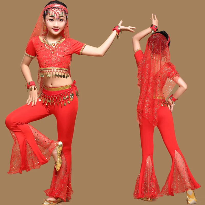 2018 sari dança roupa de crianças estilo indiano roupas de bollywood conjunto de dança do ventre conjunto com 5 peças (top, cinto, calça, véu, argola de cabelo)