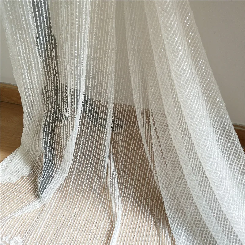 French Beaded Lace Fabric Mesh Sequin Vertical Stripes Wedding Dress Embroidery Fabric DIY Accessories RS656