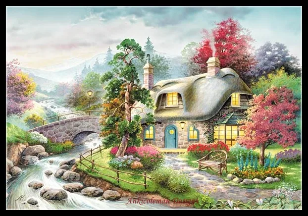 Embroidery Counted Cross Stitch Kits Needlework - Crafts 14 ct DMC Color DIY Arts Handmade Decor - Storybook Cottage 2