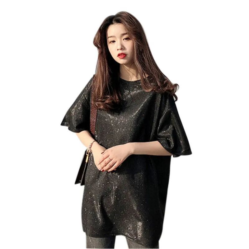 Women\\\'s T-shirts Summer Ladies Fashion Glitter Sequined Women Tops T-shirts Gold Silver Black Loose tee shirt femme