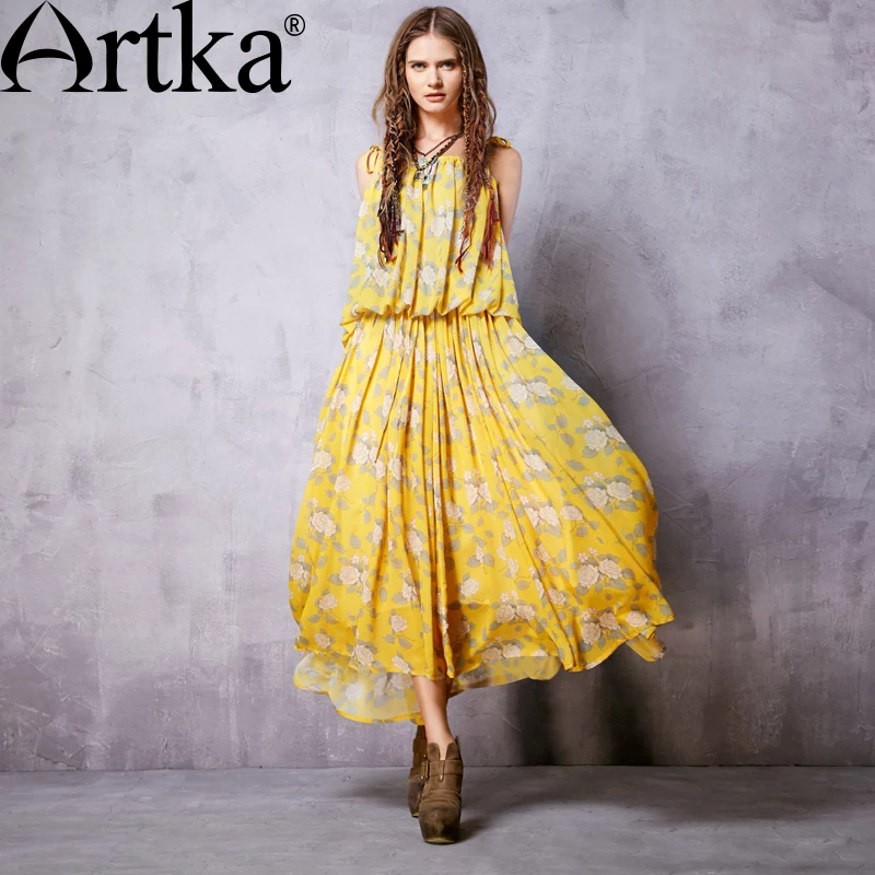 ARTKA Women\'s New Summer Vintage Print Sleeveless Off the Shoulder Strapless Floor-Length Chiffon Dress LA15068X