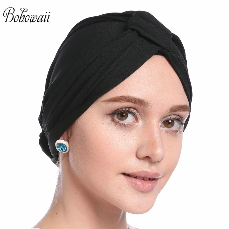 Gorros de Hijab musulmán para mujer, de Color sólido turbante islámico de Ramadán, envoltura de cabeza con clase, Simple, Hoofddoek Moslima