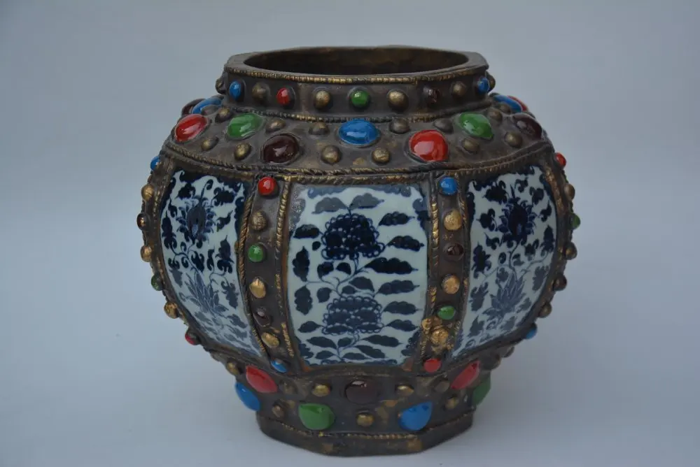 Редкая фарфоровая банка из старого Китая YUAN, белая и синяя глазурь с драгоценными камнями, украшение ручной росписи, позолота, бесплатная доставка