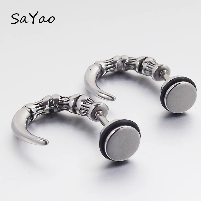 SaYao 2 Piece Punk Rock Stainless Steel Earring Studs Mens Girl Boy Earrings Ear Plug Stud Square Hawk Eagle Claw Stud Earrings