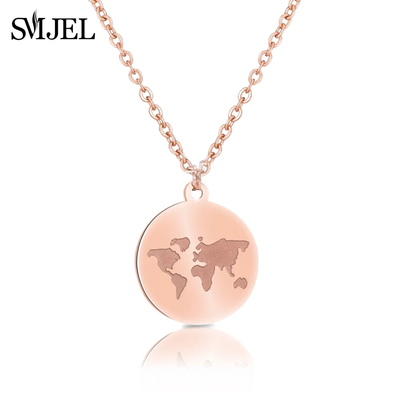 SMJEL Layer World Map Necklaces for Women Simple Round World Coin Charms Necklace Wonderlust Handmade Jewelry Gift