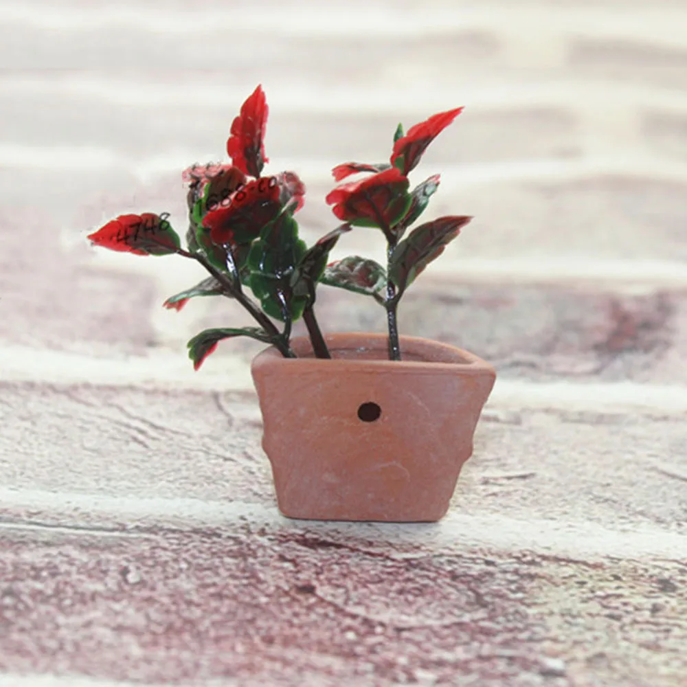 1/12 Dollhouse Miniature Accessories Mini Ceramic Flower Pot with Leaf Simulation Potted Plant Model Toys for Doll House Decor