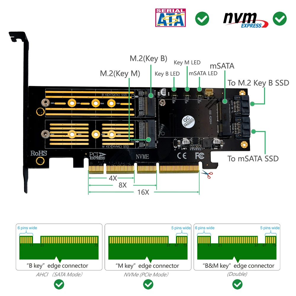 Imagem -03 - Adaptador Pci Express 3.0x16 Nvme M.2 Msata Pcie para Adaptador m2 m Chave Chave b 3in1 Nvme Ahci M.2 Ngff Ssd Msata Converter Riser Cartão