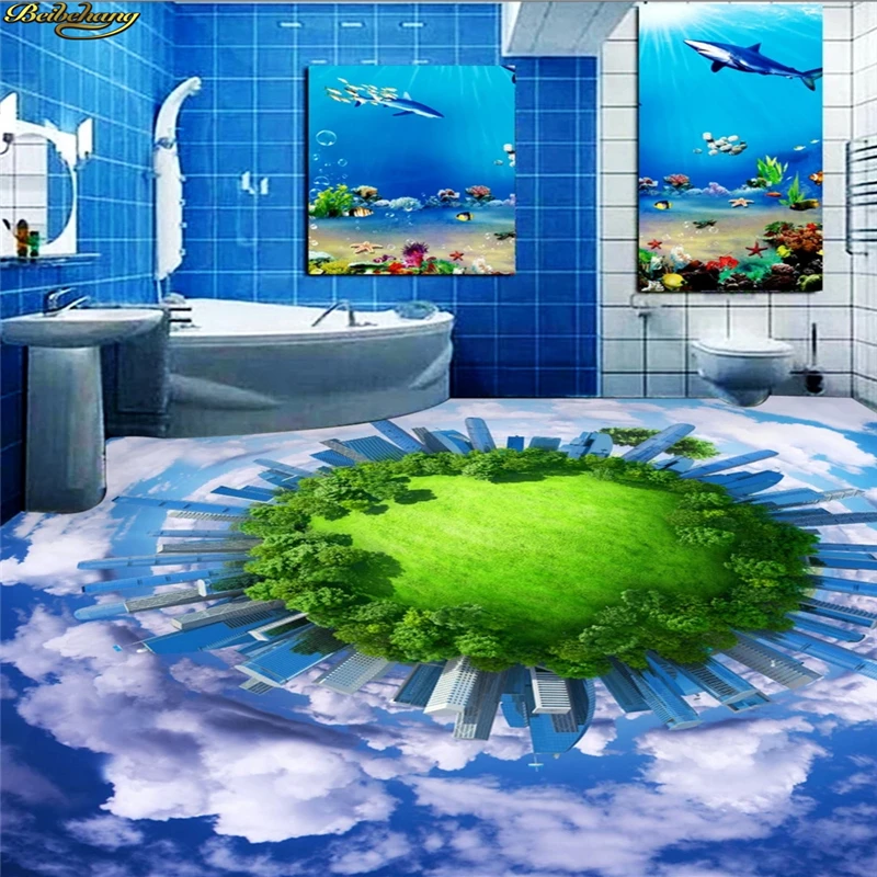 

beibehang Custom Photo Wallpaper Floor Painted Bathroom Blue Sky White Cloud Creative Earth 3d Ground Mural Wall PVC Wall paper