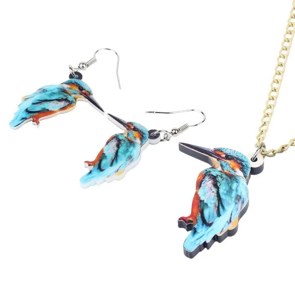 Bonsny Acrylic Jewelry Sets Elegant Kingfisher Bird Necklace Earrings Choker Fashion Pendant For Women Girls Gift Decoration