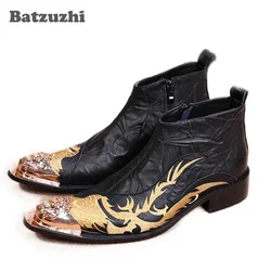 Batzuzhi Designer Metal Toe Black High Top Leather Men Shoes Fashion Zipper Short Ankle Boot For Men Embroidered Shoes Black