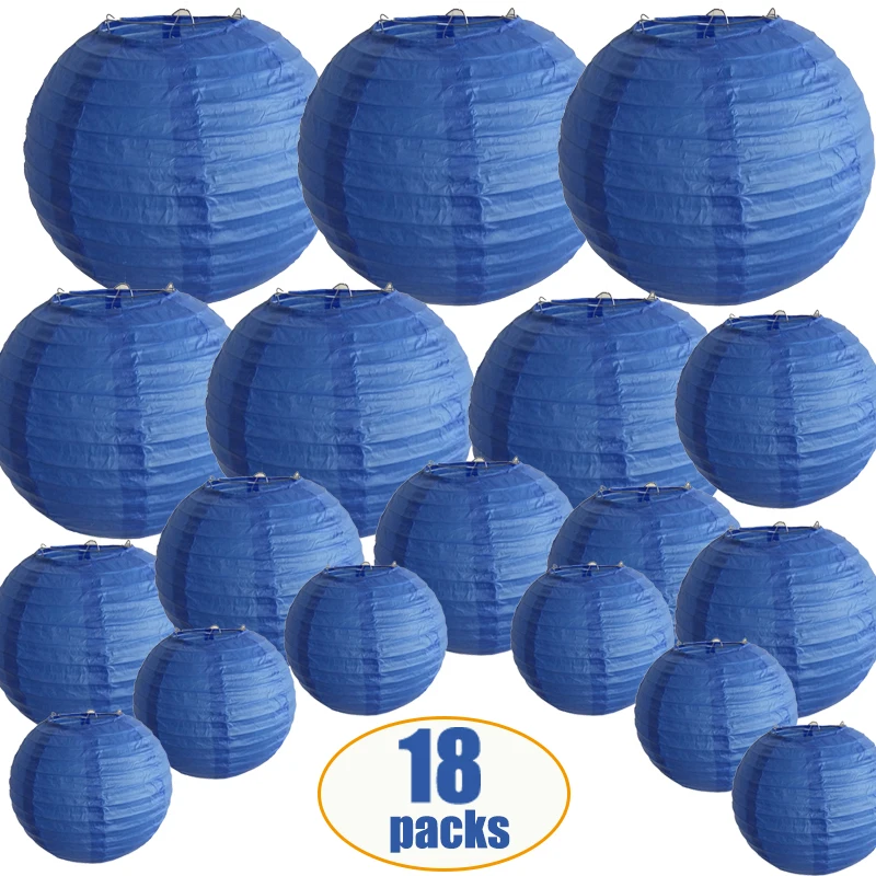 

18 Pcs Royal Blue Paper Lantern 8"-14" Assorted Sizes Big Round Chinese Japanese boule chinoise lampionnen lampion for Wedding