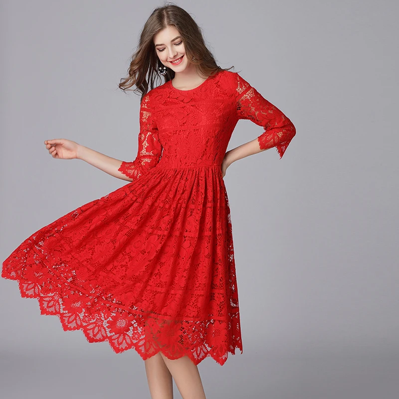 TAOYIZHUAI 2019 New Arrival Autumn Chinese Style Plus Size L A-Line Solid Red Holllow Out Women Long Lace Dress For Lady 14098