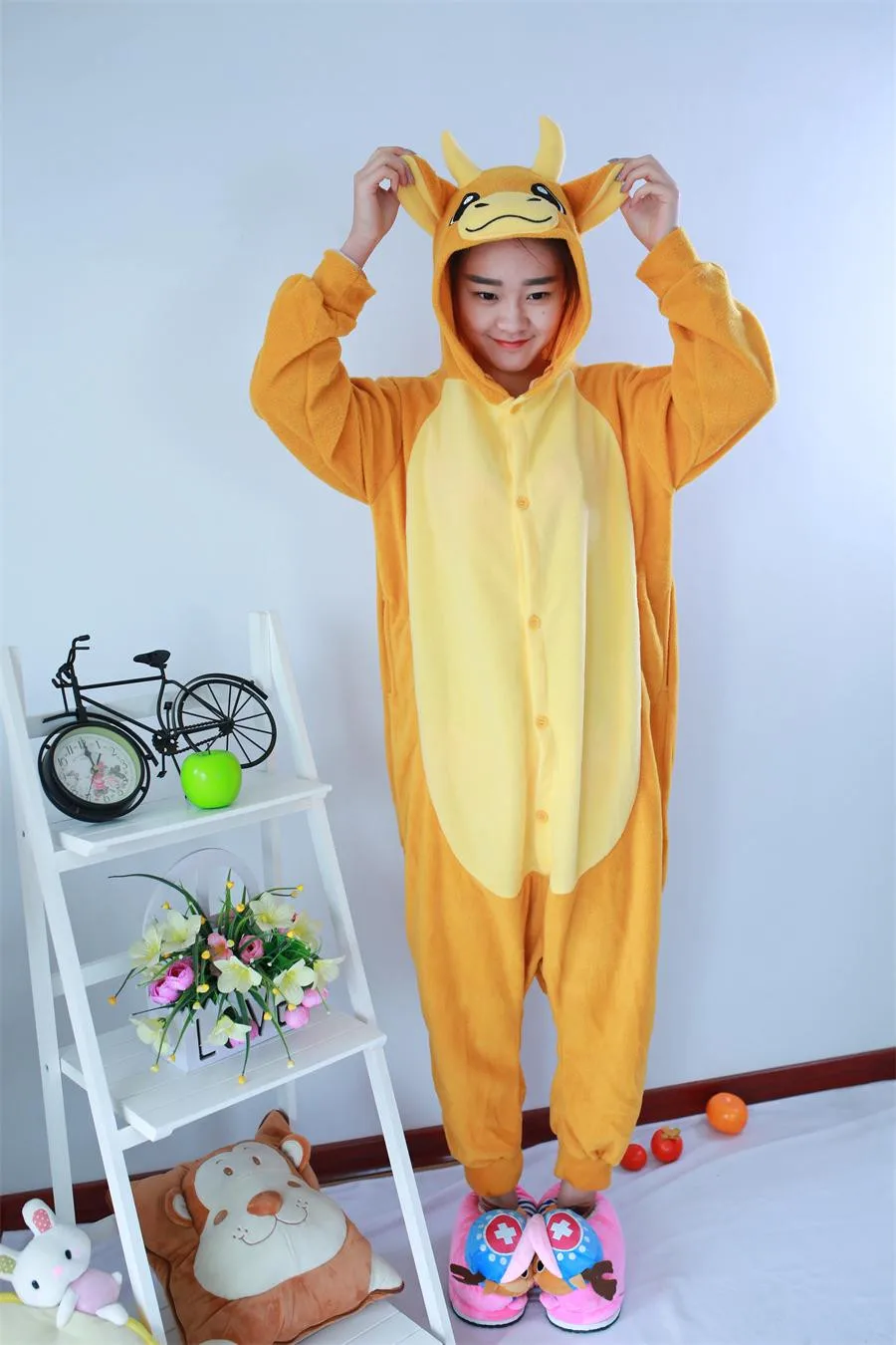 Kigurumi – pyjama de noël pour adultes, tenue de nuit, Costume, Animal, taureau Orange, Halloween