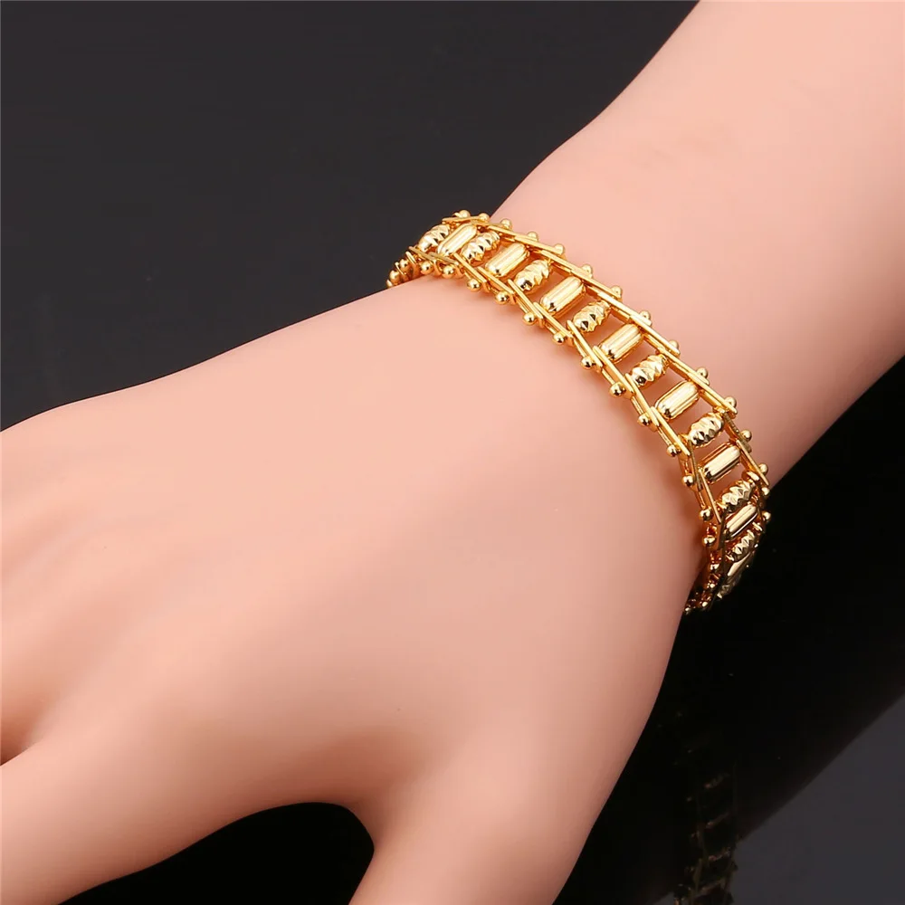 U7 11mm Wide Chunky Beaded Charm 19cm Bracelet for Woman Steam Punk Rock Jewelry Gold Color QC24