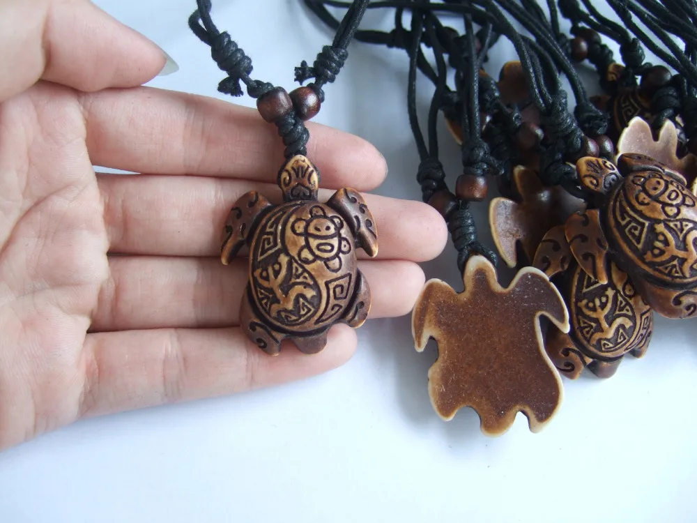 Wholesale 12pcs Ethnic Tribal Faux Yak Bone Carving Hawaiian Sea Turtle Surfer Pendant Necklace