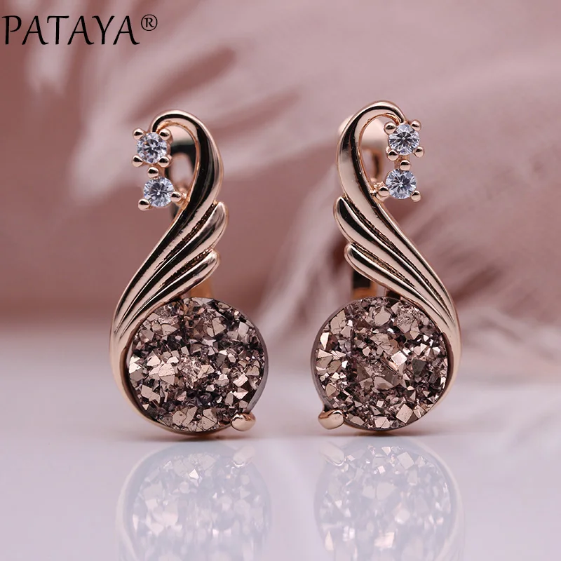 PATAYA New 585 Rose Gold Color Natural Zircon Women Fashion Jewelry Champagne Crystal Opal Onyx Earring Wedding Fine Earrings