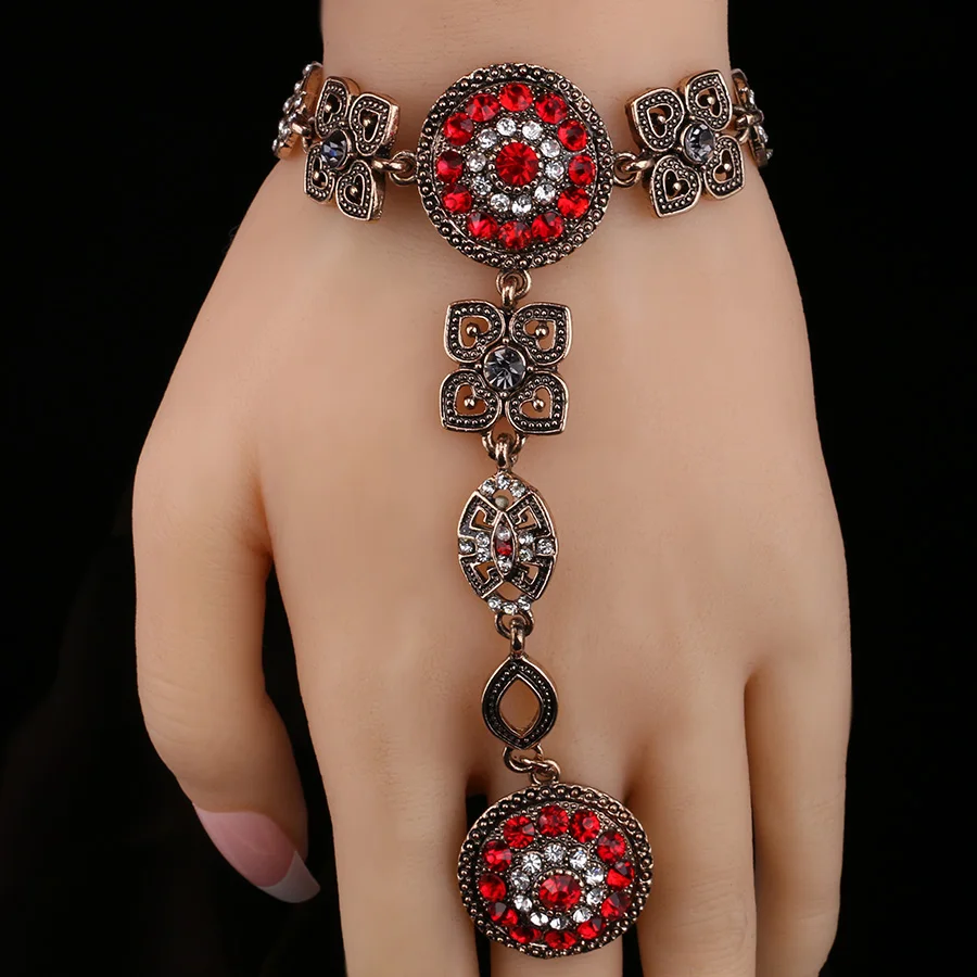 Boho Red Crystal Flower Finger Ring Bracelet Vintage Antique Gold Hand Harness Bracelets For Women Indian Wedding Jewery