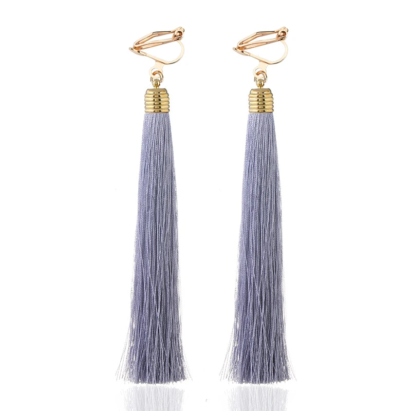 12cm&5.1\'\' Long Tassel Fiber Clip on Earrings No Pierced for Women Party Fashion Bohemia Bridal Wedding  Ear Clip Anti-allergy